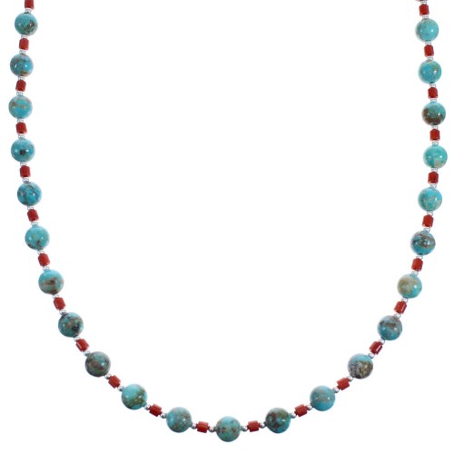 Turquoise And Coral Authentic Sterling Silver Southwest Bead Necklace BX119841