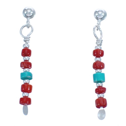 Sterling Silver Coral And Turquoise Bead Post Dangle Earrings BX119928