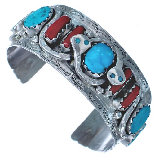 Zuni Coral And Turquoise Snake Hand Crafted Cuff Bracelet BX120199