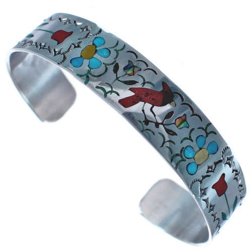 Multicolor Inlay Sterling Silver Zuni Cuff Cardinal Bracelet BX120204