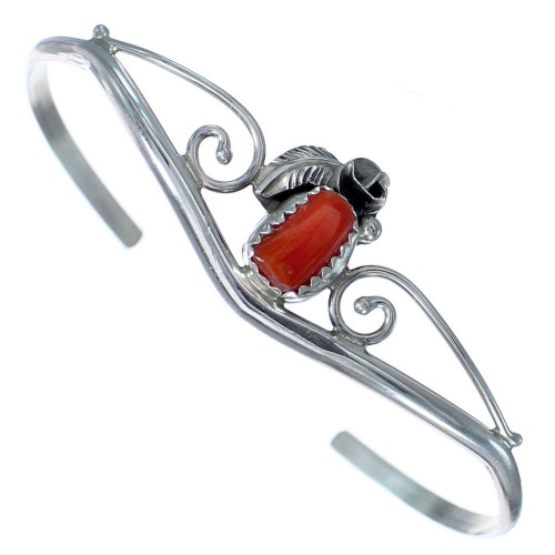 Coral Sterling Silver Scalloped Leaf Navajo Cuff Bracelet BX120207