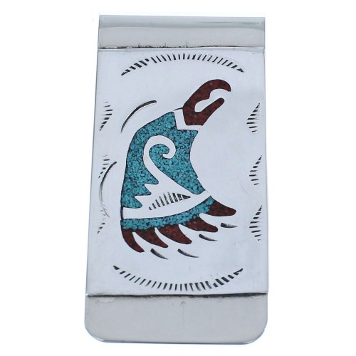 Sterling Silver Eagle Head Turquoise And Coral Inlay Navajo Money Clip BX120230