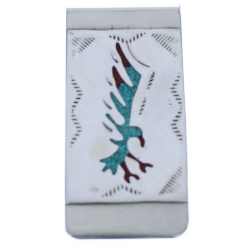 Native American Sterling Silver Turquoise And Coral Eagle Inlay Money Clip BX120233