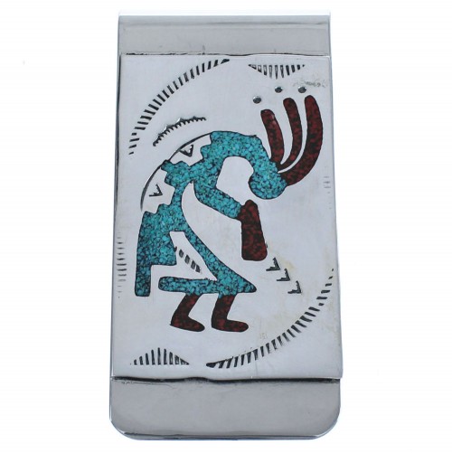 Kokopelli Native American Sterling Silver Turquoise Coral Inlay Money Clip BX120235