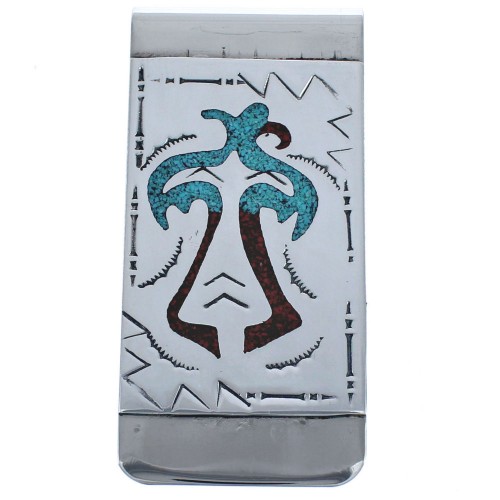 Sterling Silver Turquoise And Coral Navajo Native Thuderbird Inlay Money Clip BX120241