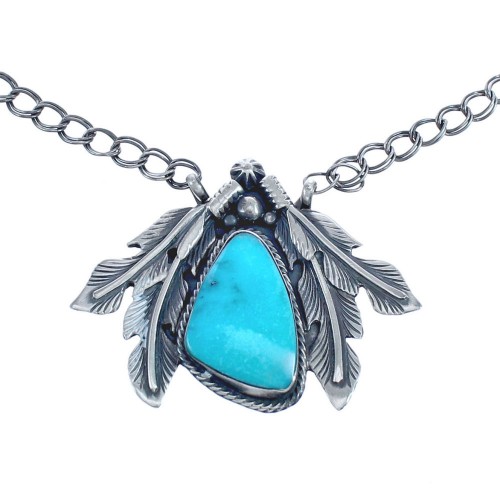 Feather Native American Turquoise Sterling Silver Link Necklace BX120415