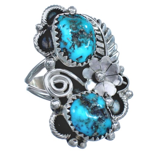Turquoise Sterling Silver Navajo Flower And Leaf Ring Size 7-1/4 BX120087