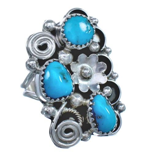 Authentic Sterling Silver Turquoise Flower Native American Ring Size 7-3/4 BX120094