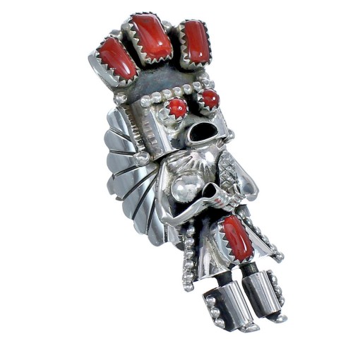 Coral Navajo Kachina Figure Sterling Silver Ring Size 8-1/4 BX120103