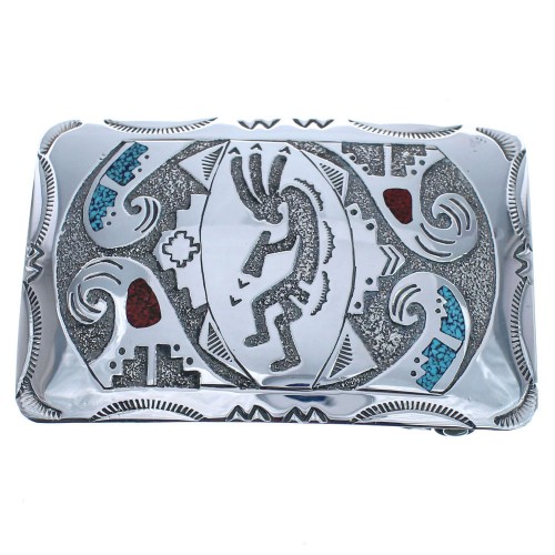 Navajo Genuine Sterling Silver Turquoise And Coral Kokopelli Belt Buckle BX120299