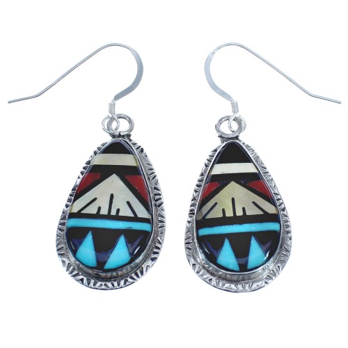 Zuni Sterling Silver Multicolor Inlay Hook Dangle Earrings BX120318