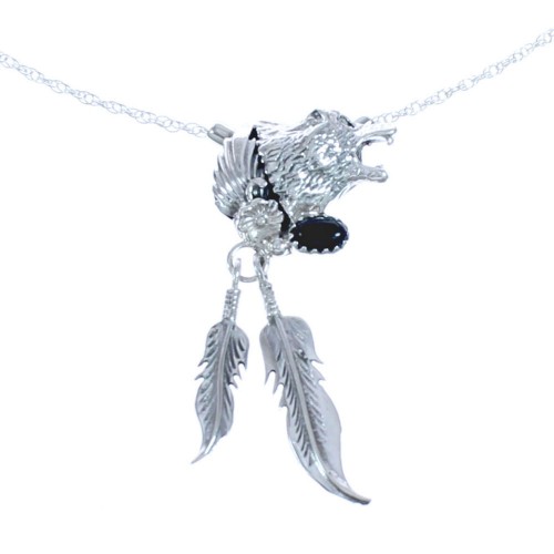 Wolf Head Navajo Onyx Sterling Silver Feather Chain Necklace BX120322