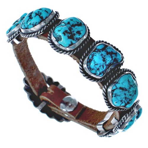 Navajo Authentic Sterling Silver Turquoise Leather Adjustable Bracelet BX120329