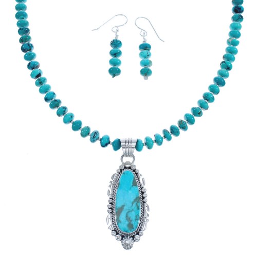 Native American Sterling Silver Turquoise Pendant Bead Necklace Earring Set BX120370