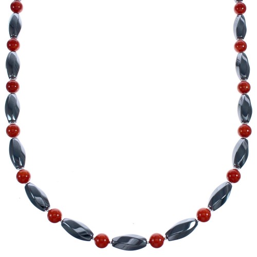 Coral Hematite Authentic Sterling Silver Bead Southwest Necklace BX120507