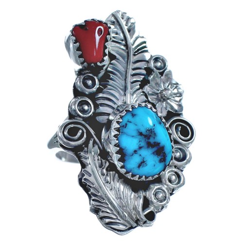 Flower Turquoise Coral Authentic Sterling Silver Navajo Ring Size 9-1/2 BX120031