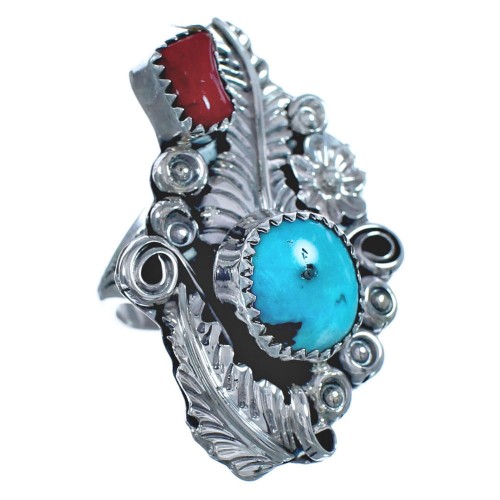 Native American Flower Turquoise Coral Genuine Sterling Silver Ring Size 6-1/2 BX120035