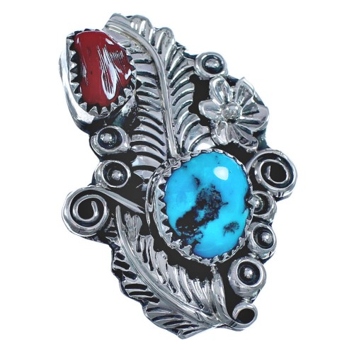 Flower Turquoise Coral Native American Genuine Sterling Silver Ring Size 6-3/4 BX120036