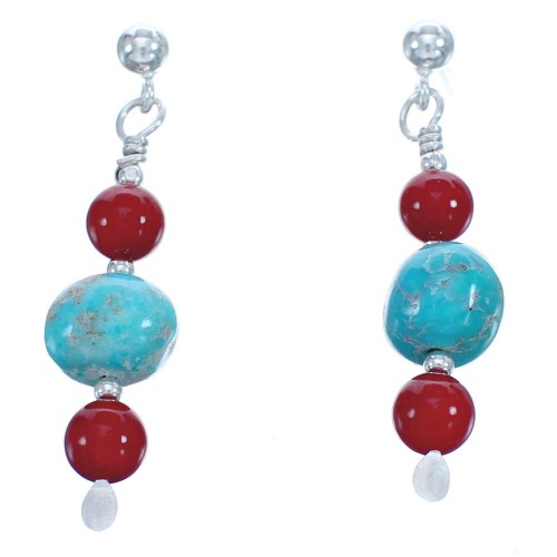 Turquoise And Coral Sterling Silver Southwest Bead Post Dangle Earrings BX120490