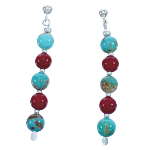 Sterling Silver Turquoise Coral Southwest Bead Post Dangle Earrings BX120491