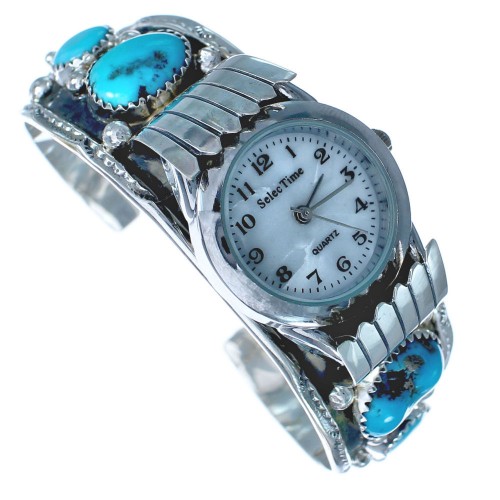 Native American Flower Turquoise Sterling Silver Cuff Watch BX120424