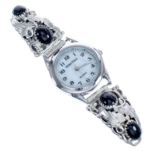 Onyx Scalloped Leaf Native American Sterling Silver Watch BX120426