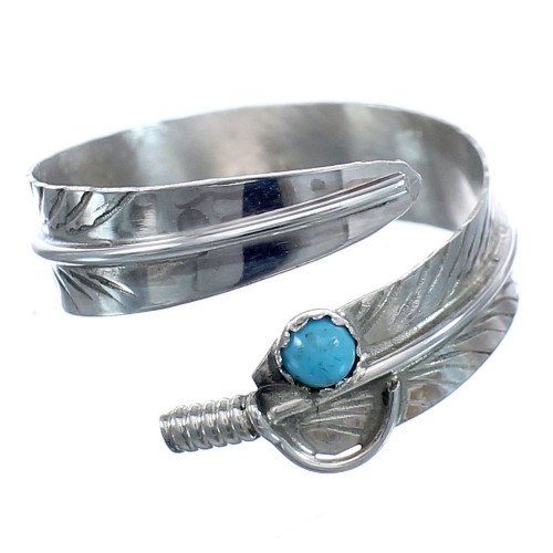 Sterling Silver Turquoise Feather Native American Adjustable Ring Size 8,9,10 BX120175