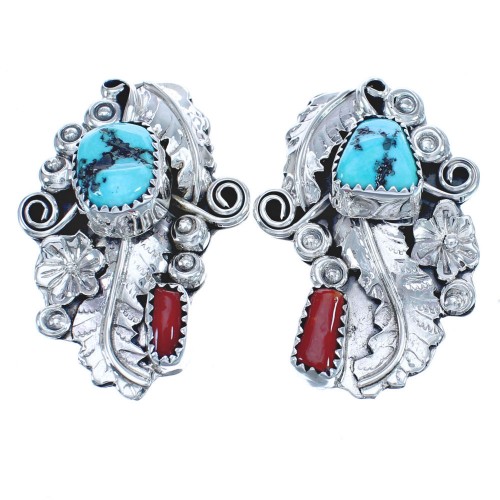 Native American Sterling Silver Turquoise Coral Leaf Flower Post Earrings BX120123