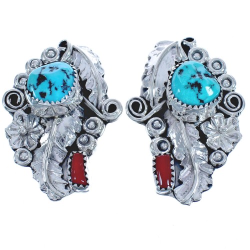 Sterling Silver Turquoise Coral Leaf Flower Hand Crafted Native American Post Earrings BX120125