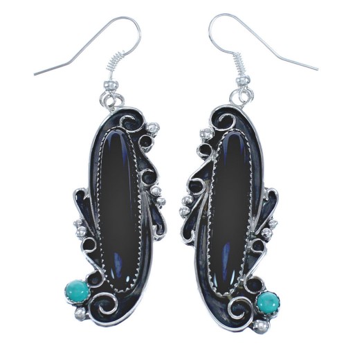 Onyx And Turquoise Navajo Sterling Silver Hook Dangle Earrings BX120126