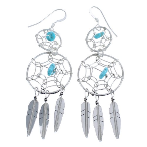 Native American Sterling Silver Turquoise Double Dream Catcher Feather Hook Dangle Earrings BX120137