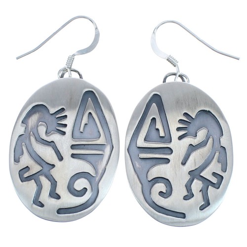 Navajo Kokopelli And Water Wave Sterling Silver Hook Dangle Earrings BX120139