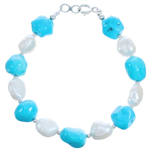 Sterling Silver Turquoise And Mother Of Pearl Bead Bracelet BX120256