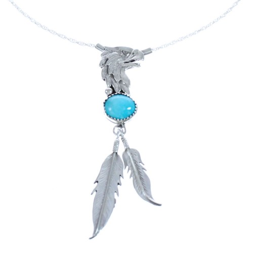 Navajo Turquoise Authentic Sterling Silver Eagle Head And Feather Chain Necklace BX120746