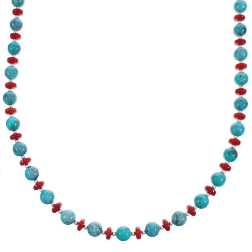 Sterling Silver Kingman Turquoise and Coral Bead Necklace KX121100