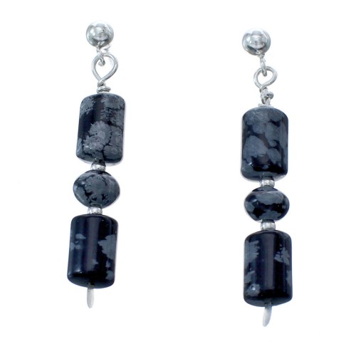 Snowflake Obsidian Genuine Sterling Silver Bead Post Dangle Earrings KX120947