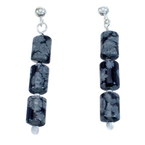 Snowflake Obsidian Genuine Sterling Silver Bead Post Dangle Earrings KX120948