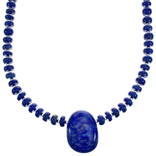 Sterling Silver Lapis Bead Necklace And Pendant KX120895