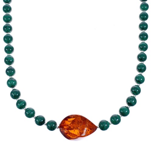 Sterling Silver Malachite and Amber Bead Necklace KX120922