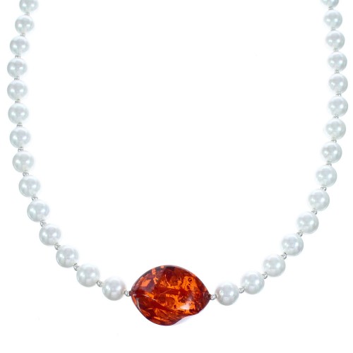 Sterling Silver Fresh Water Pearl and Amber Bead Necklace KX120925