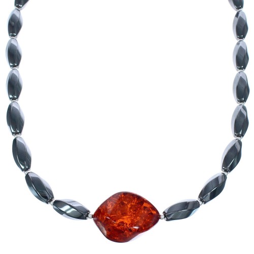 Southwest Genuine Sterling Silver Hematite and Amber Bead Necklace KX120927