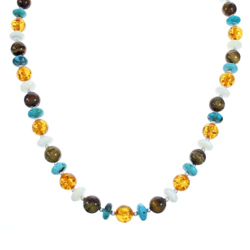 Southwest Sterling Silver Multicolor Bead Necklace KX121052