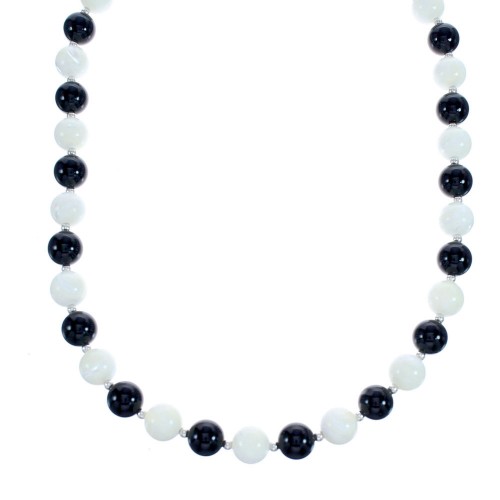 Onyx and Mother Of Pearl Sterling Silver Bead Necklace KX121150