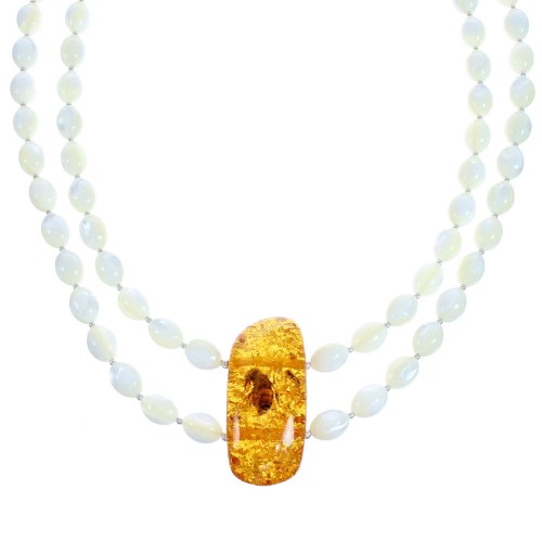 Sterling Silver Mother Of Pearl and Amber Bead Necklace KX121181