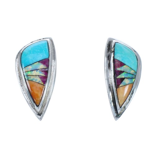 Southwest Multicolor Inlay Sterling Silver Post Earrings MX121564