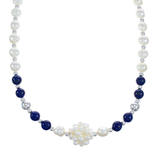 Fresh Water Pearl with Lapis Sterling Silver Bead Necklace KX121310