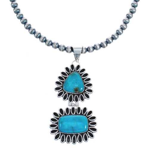 Turquoise Sterling Silver Old Pawn Navajo Bead Necklace KX121319