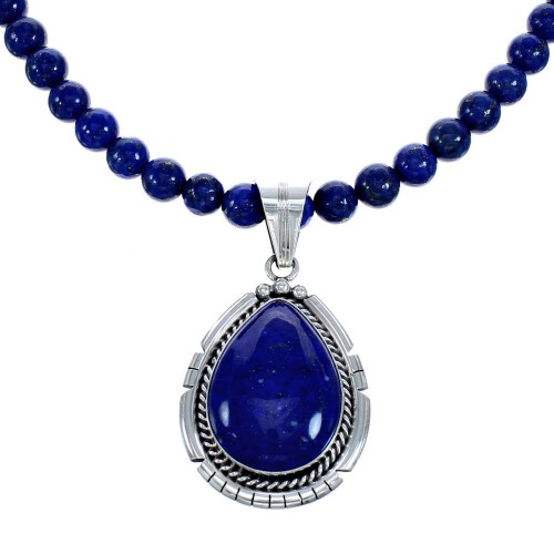 Navajo Sterling Silver Lapis Bead Necklace with Pendant KX121298