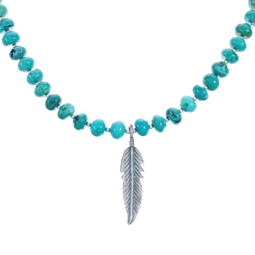 Turquoise Feather Sterling Silver Bead Necklace JX121607