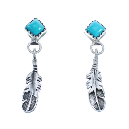 Navajo Turquoise Sterling Silver Feather Post Dangle Earrings KX121341